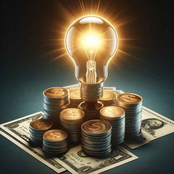 Lightbulb resting on a stack of dollar bills, symbolizing innovative financial ideas.